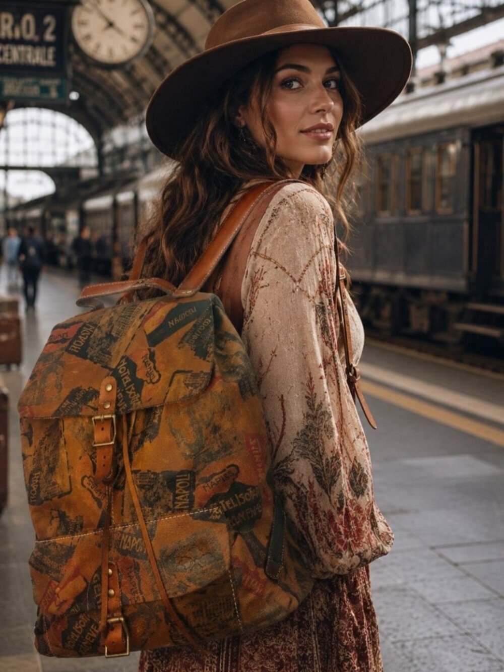Patricia Nash Atrani Leather Travel Print Bucket Backpack Retro Patina Boho